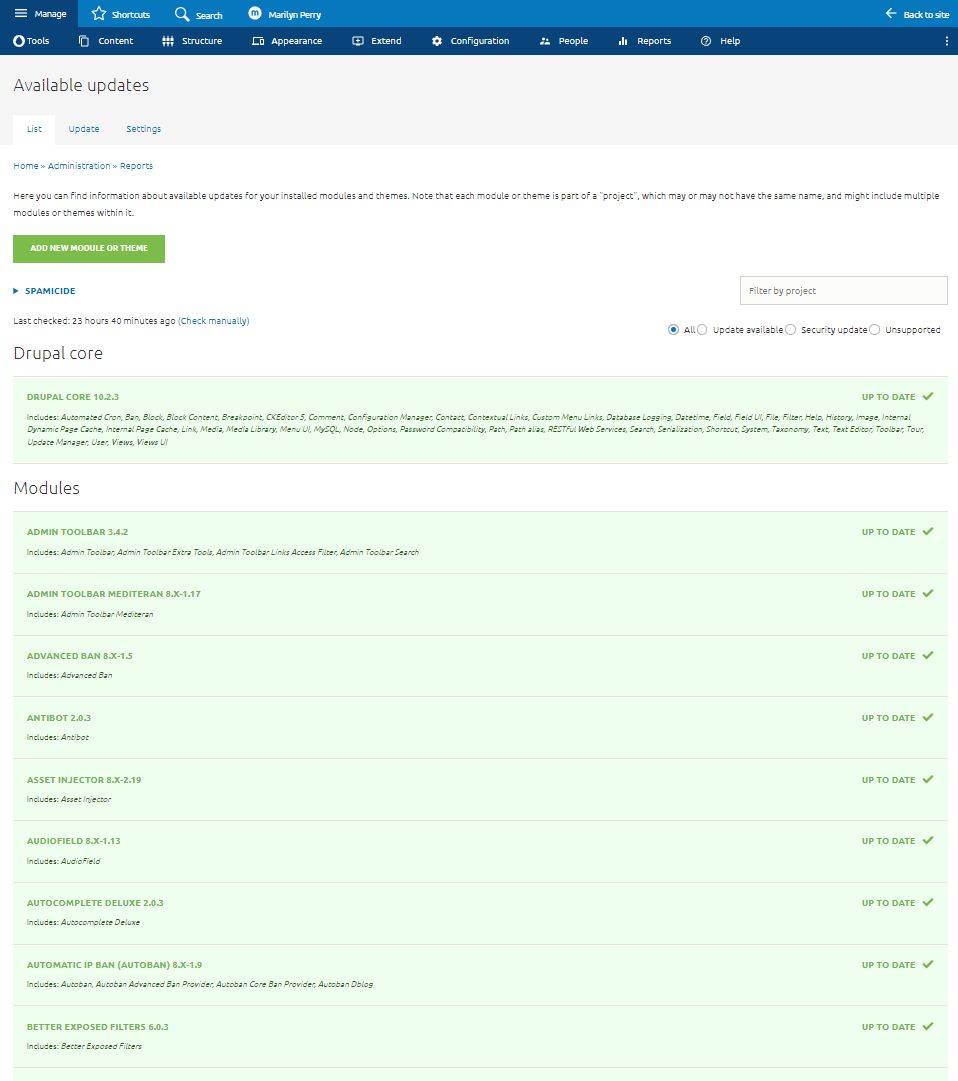 Drupal 10 administration module status list