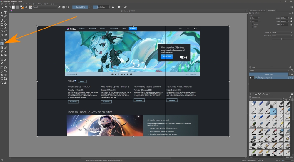 Krita screenshot with arrow pointing to the image crop tool