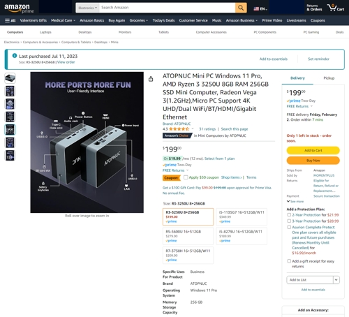 ATOPNUC Mini PC AMD Ryzen 3 3250U 8GB RAM 256GB Nvme SSD Mini Computer With Radeon Vega 3(1.2GHz) Graphics